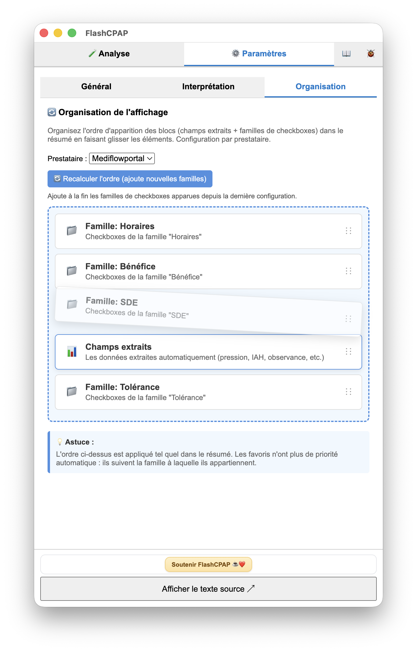 Organisation des familles et champs par glisser-déposer